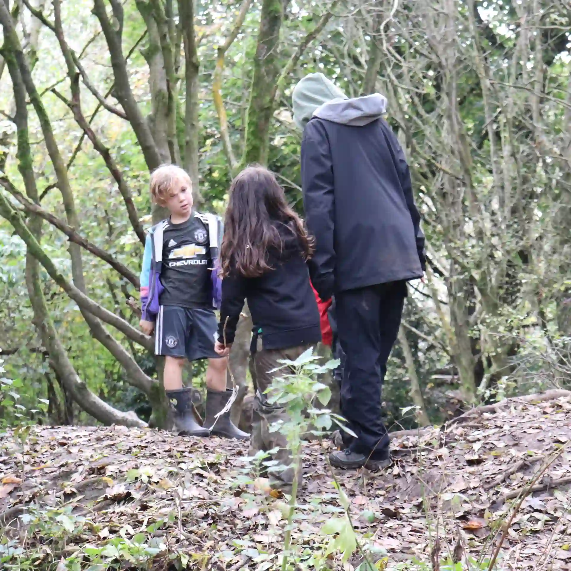 Group of children and teacher walking through the forest.